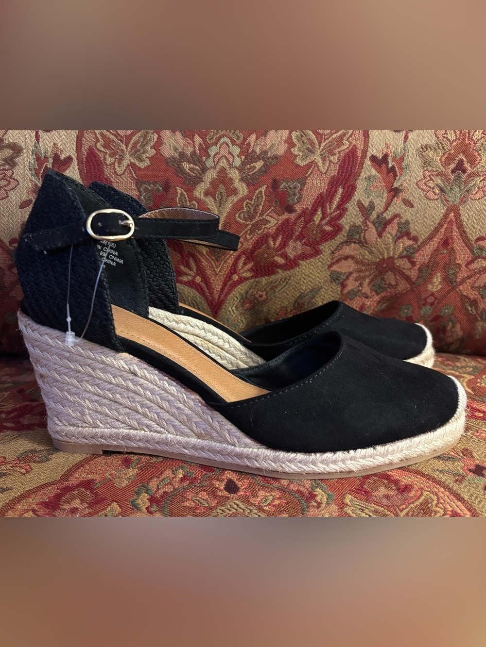 H&M Black Suede-like Espadrille Wedge Sandals with Ankle Strap